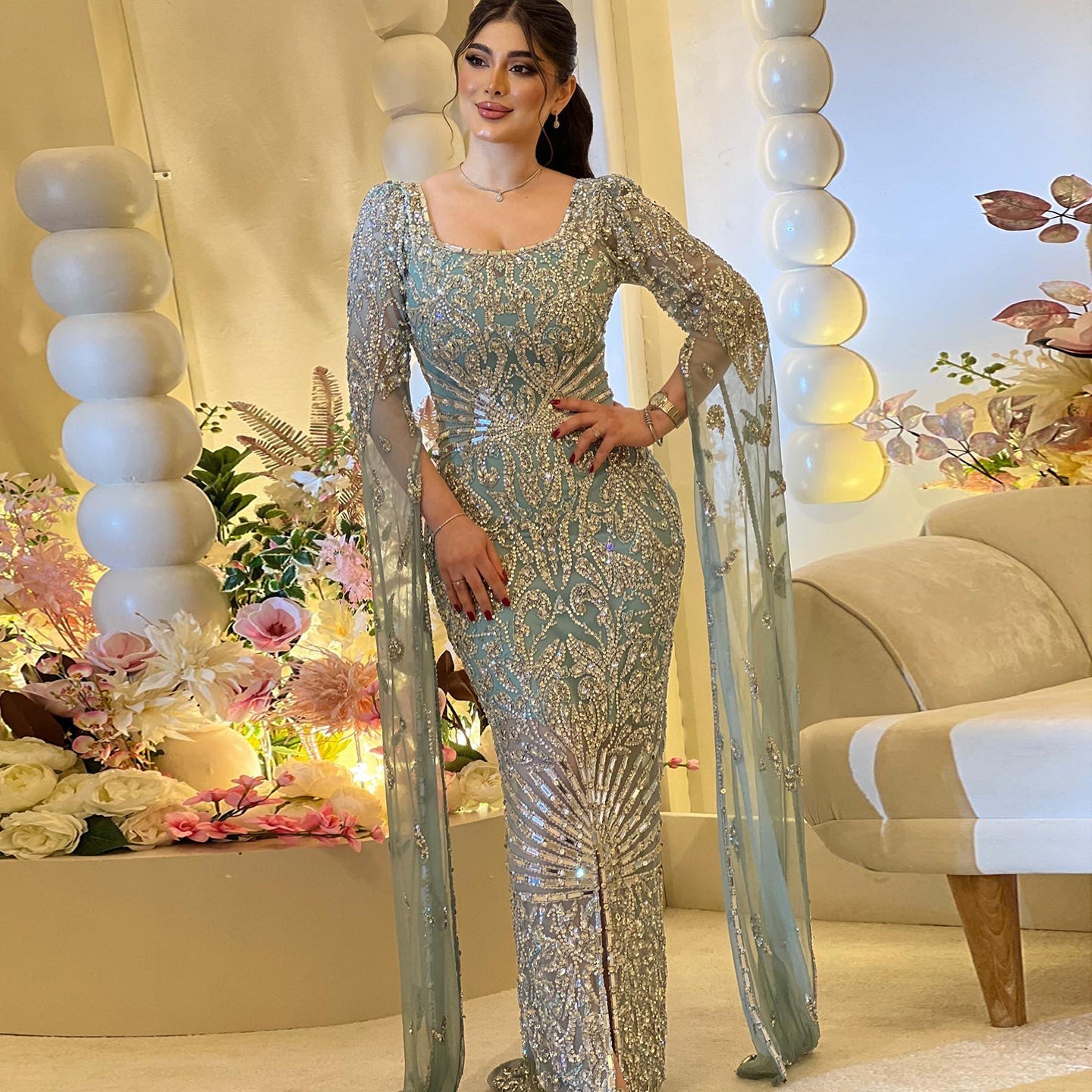 Luxury Beaded Turquoise Evening Dress with Cape Sleeves SS469