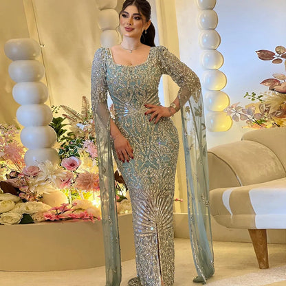 Luxury Turquoise Beaded Mermaid Evening Dress with Cape Sleeves SS469