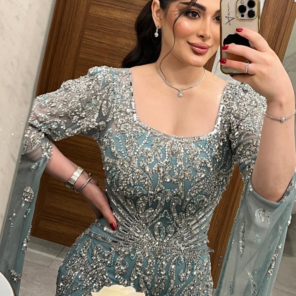 Luxury Beaded Turquoise Evening Dress with Cape Sleeves SS469