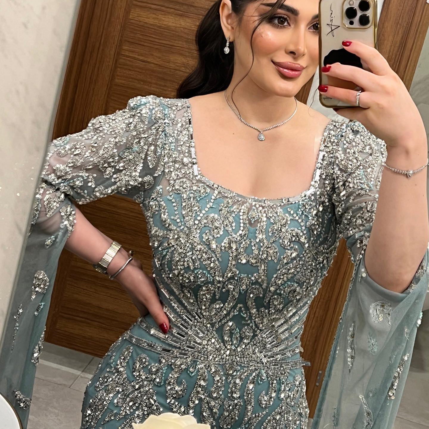 Luxury Beaded Turquoise Evening Dress with Cape Sleeves SS469