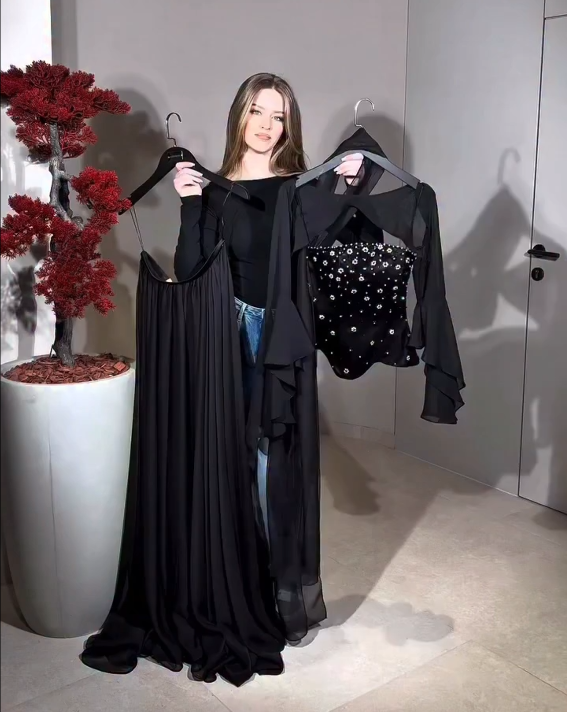 Luxury Black Beaded Waist Evening Dress with Scarf SF467