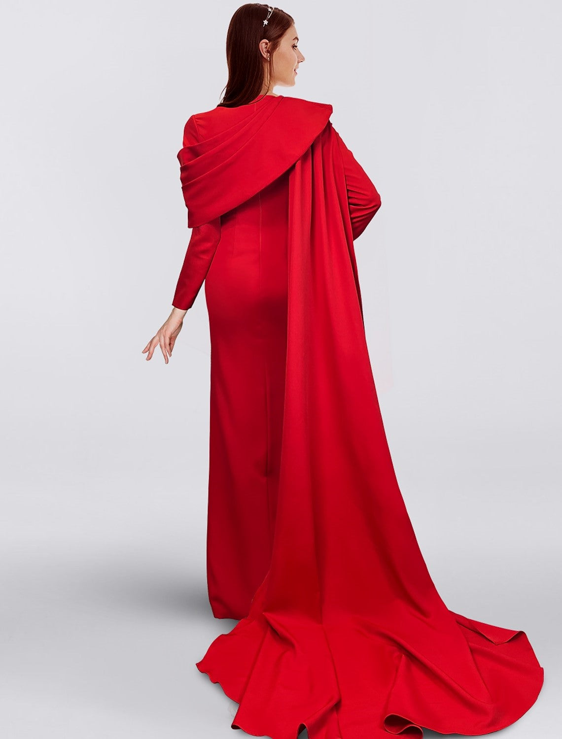 Elegant Red Long Sleeve Evening Dress with Cape SF137