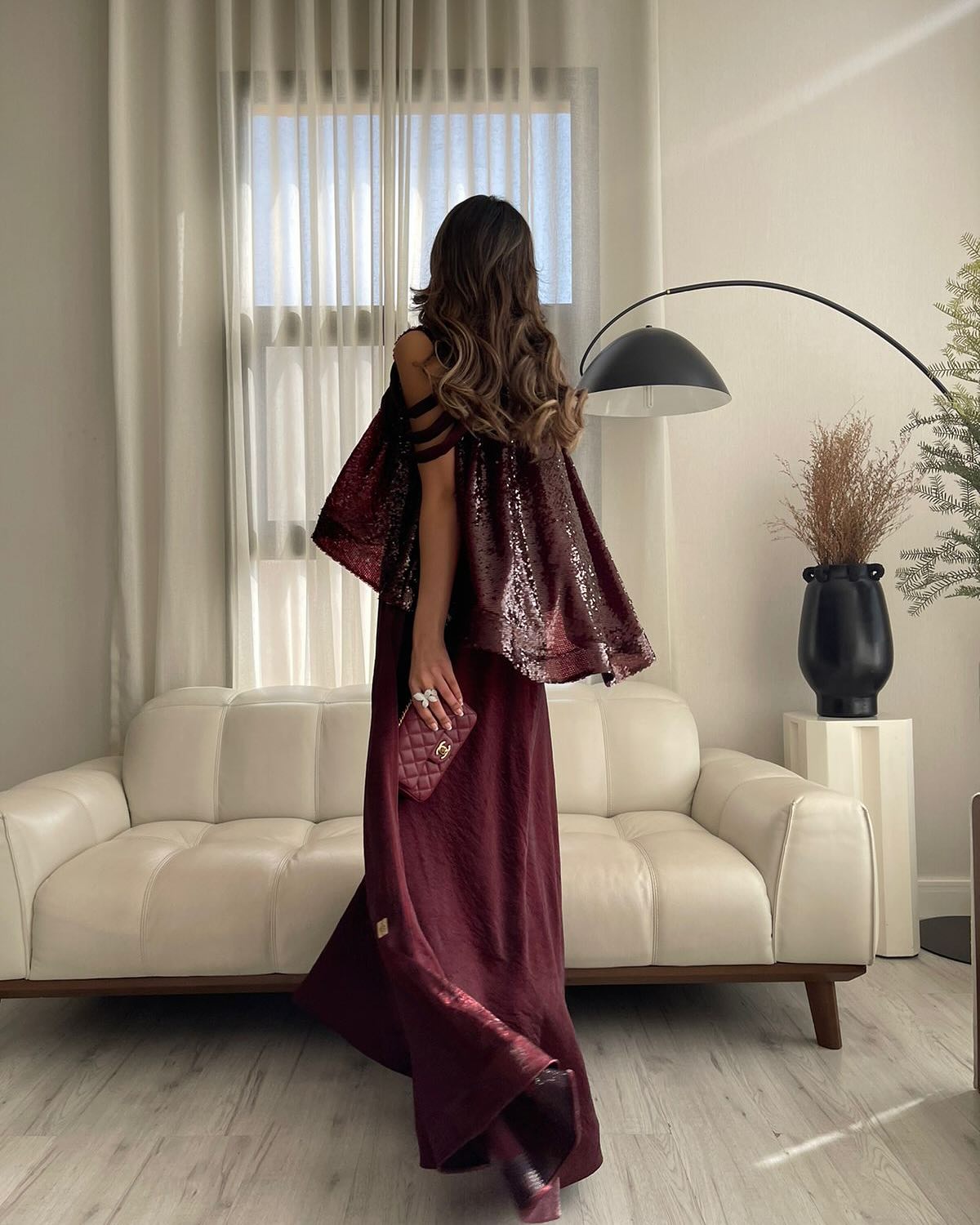 Luxury Burgundy Sequin 2 Piece Cape Design Formal Evening Dress SF418