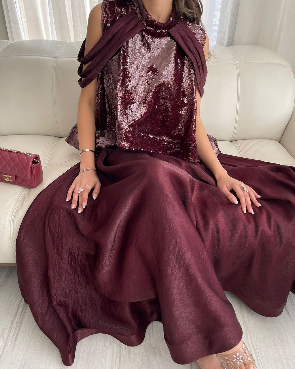 Luxury Burgundy Sequin 2 Piece Cape Design Formal Evening Dress SF418