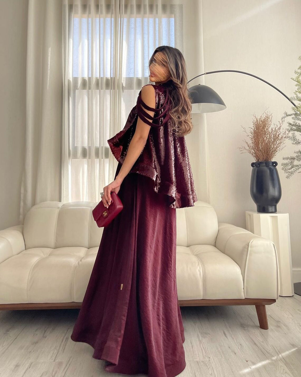 Luxury Burgundy Sequin 2 Piece Cape Design Formal Evening Dress SF418