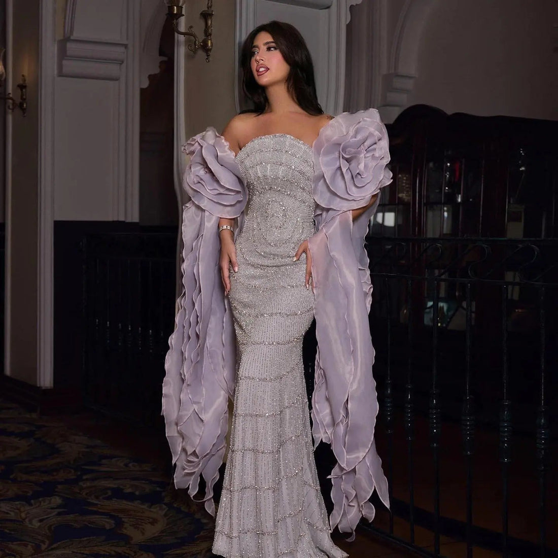 Luxury Lilac Strapless Evening Dress with 3D Flower Ruffles SS246