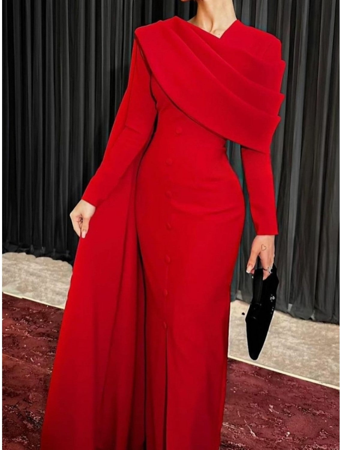 Elegant Red Long Sleeve Evening Dress with Cape SF137