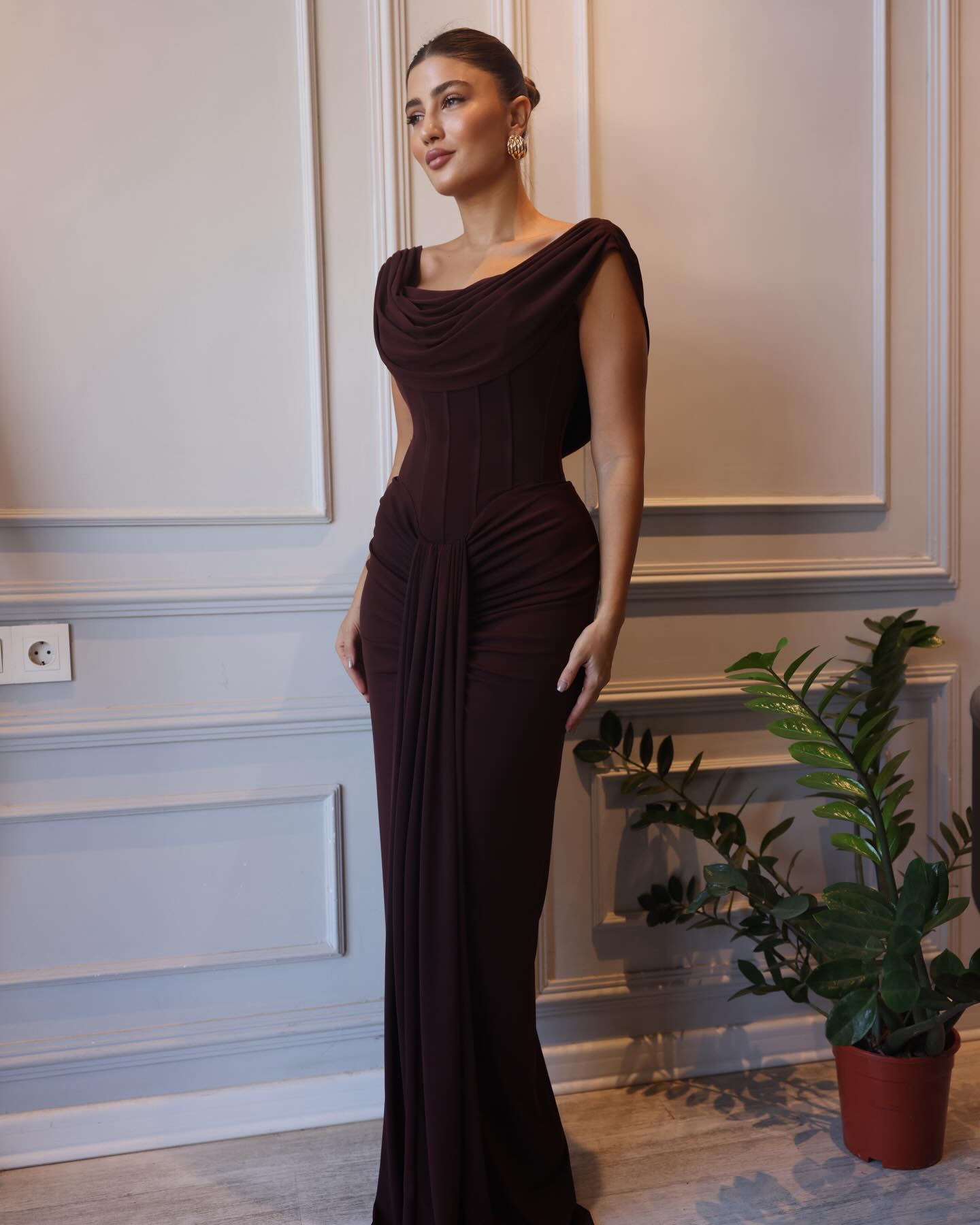 Elegant Cabernet Bataeu Draped Evening Dress SF496