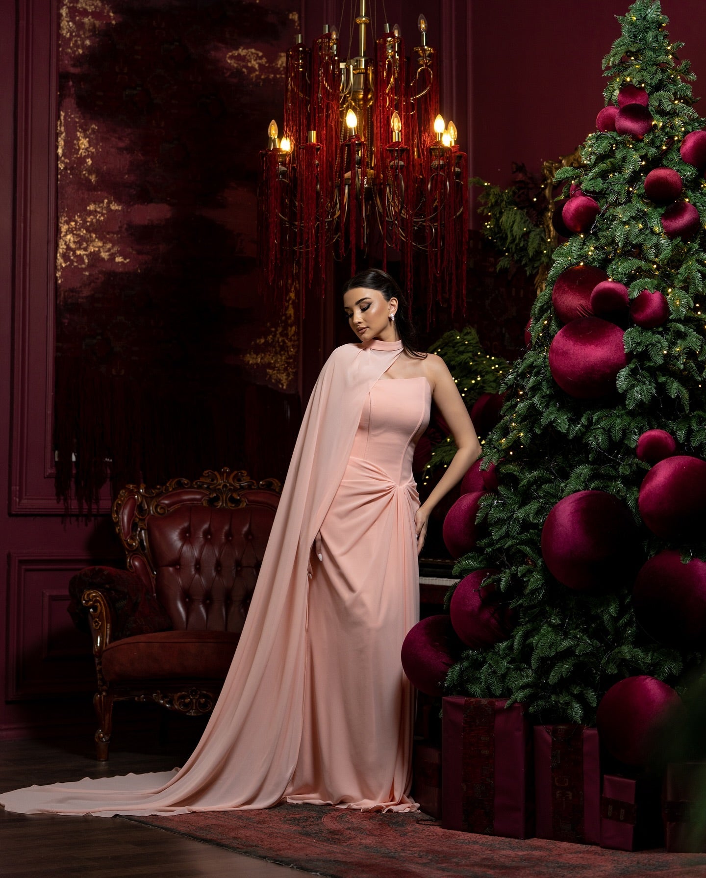 Elegant Strapless Pink Draped Evening Dress with Cape SF156