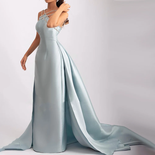 Elegant Light Blue Satin Evening Dress with Overskirt SF048