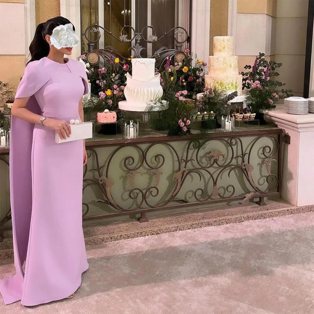 Elegant Pink O-Neck Mermaid Evening Dress with Cape Sleeves SF033