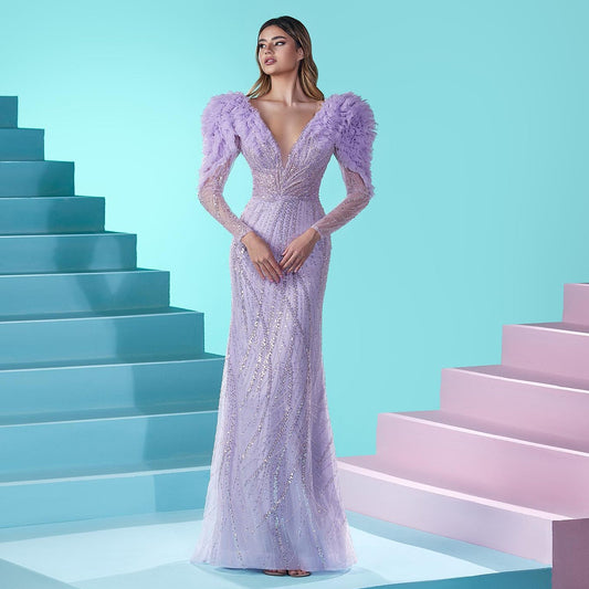 Luxury Lilac Long Sleeves V-Neck Mermaid Evening Dress SS433