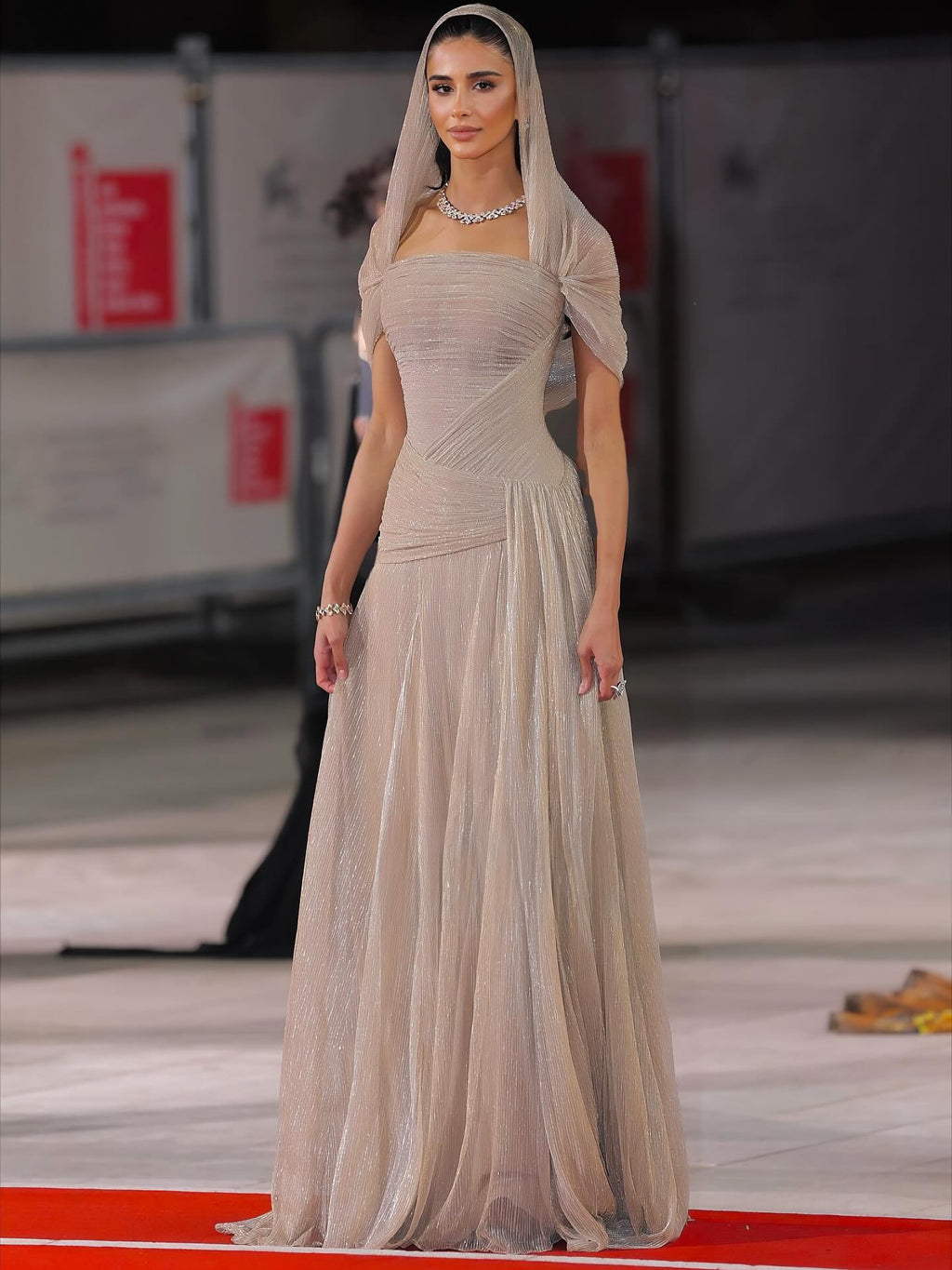Elegant Champagne Strapless Evening Dress with Scarf and Overskirt SF045