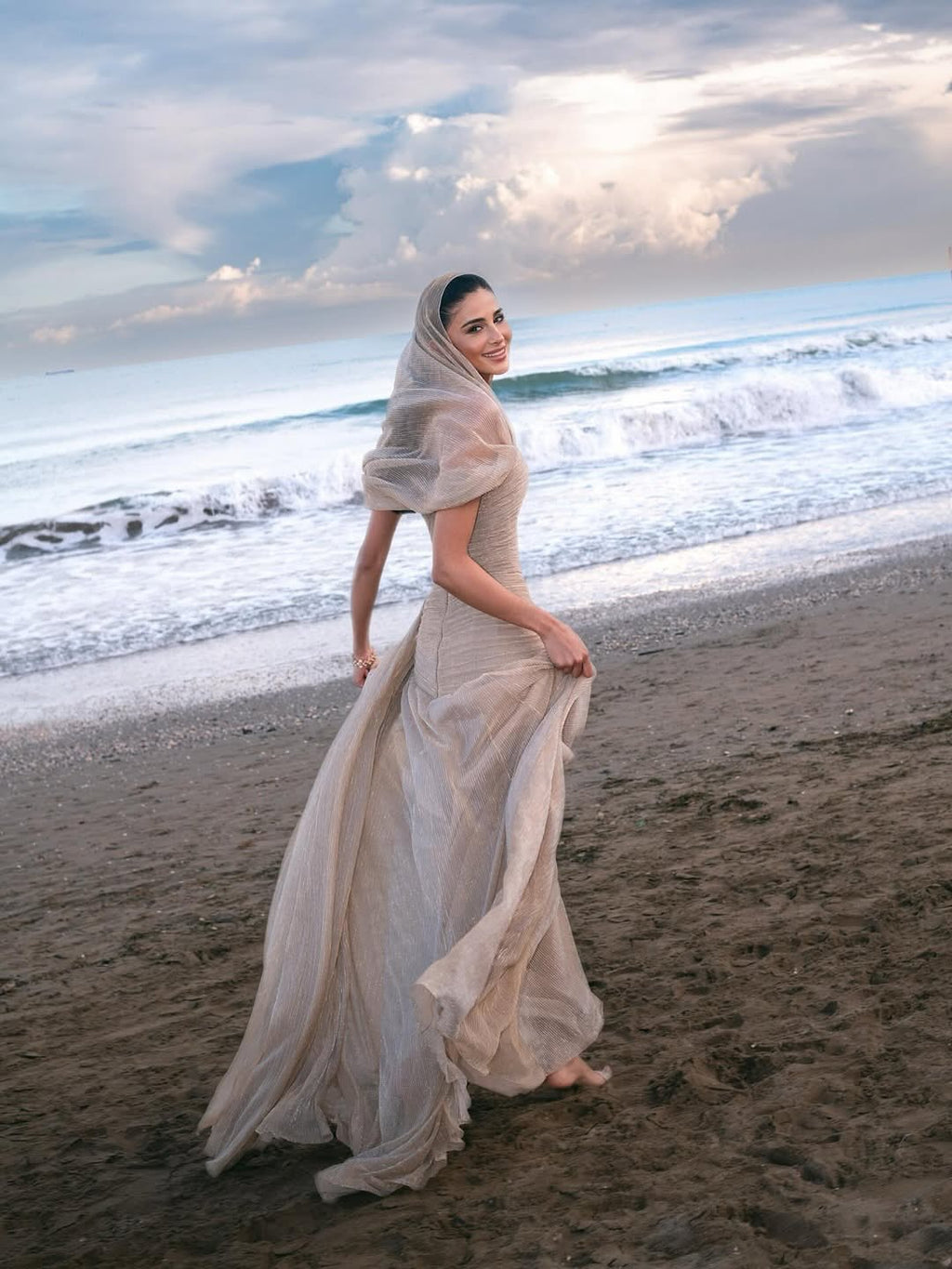 Elegant Champagne Strapless Evening Dress with Scarf and Overskirt SF045
