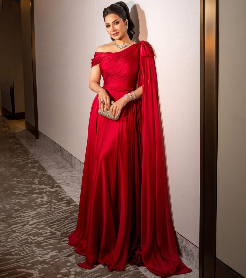 Elegant Red A-Line Evening Dress with Bow Cape Sleeve SF488