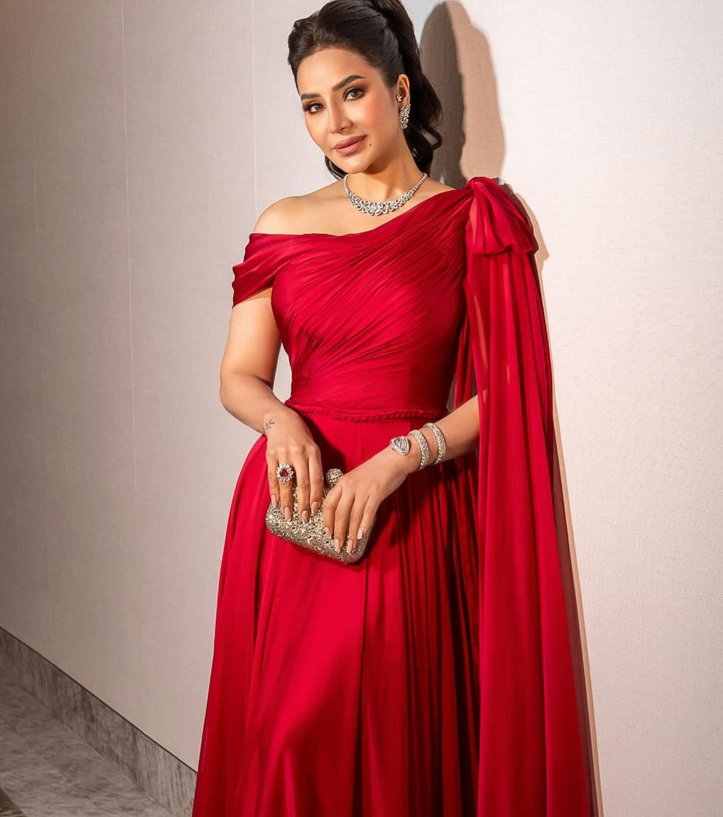Elegant Red A-Line Evening Dress with Bow Cape Sleeve SF488