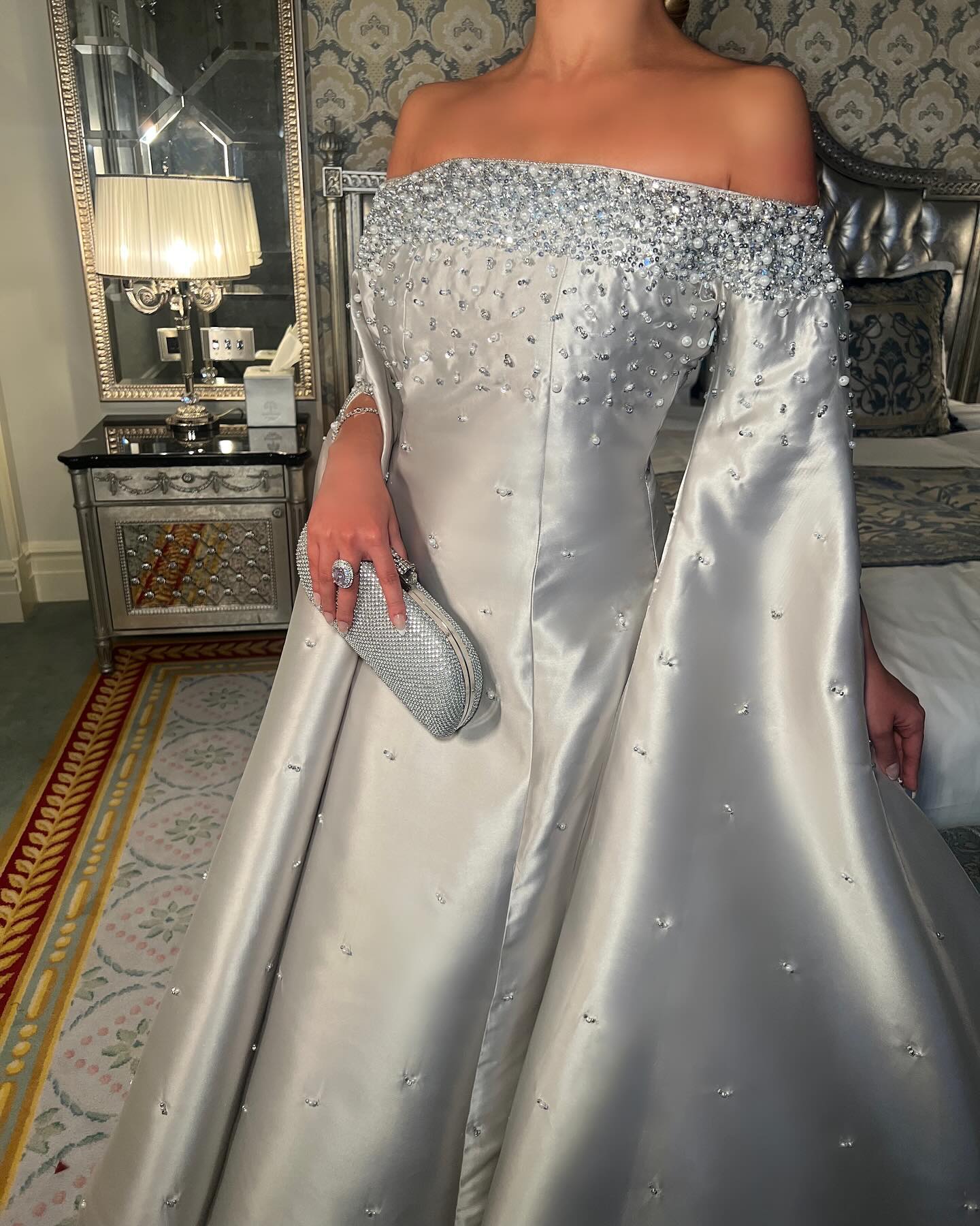 Luxury Beaded Gray Evening Dress with Cape Sleeve SS575