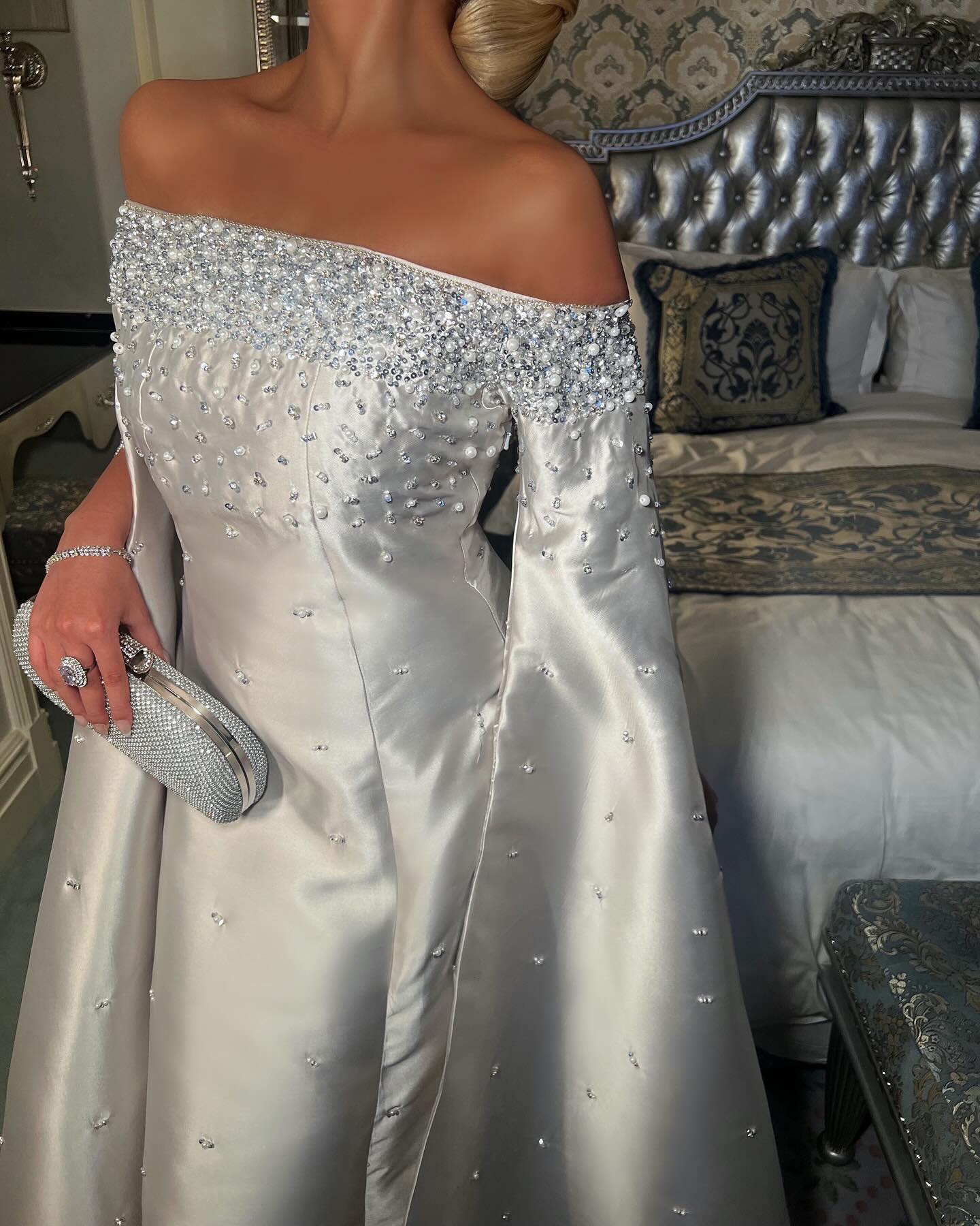 Luxury Beaded Gray Evening Dress with Cape Sleeve SS575