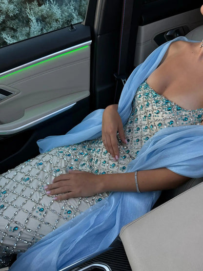 Luxury Blue Beaded Mermaid Evening Dress with Cape Sleeve and Choker SS506