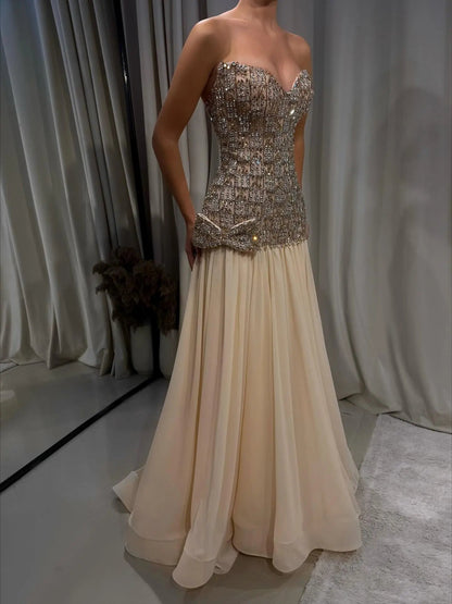 Opulent Gold Strapless Beaded Corset Evening Dress with Choker SS504