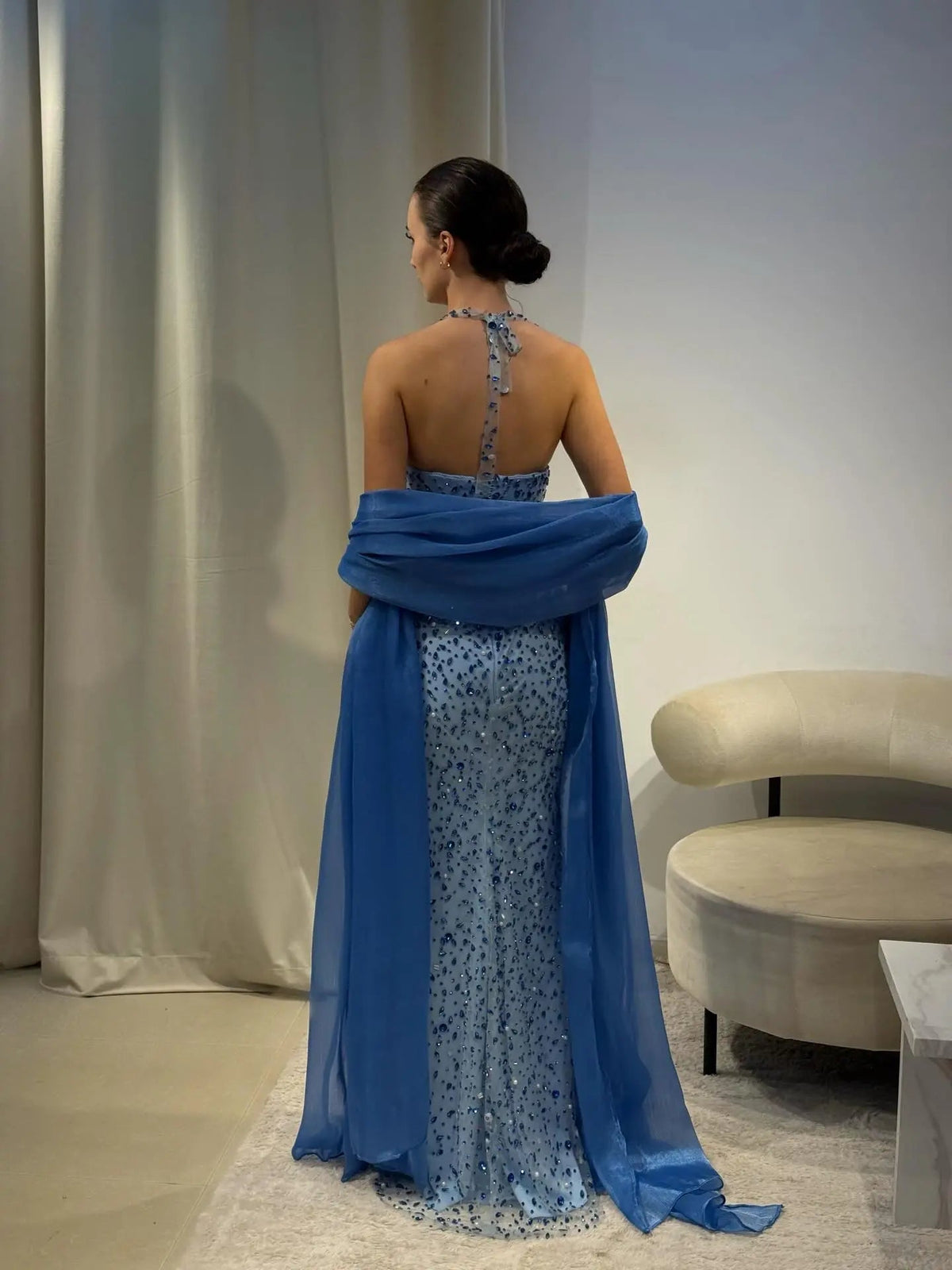 Luxury Blue Halter Neck Crystal Beaded Mermaid Evening Dress with Cape SS715