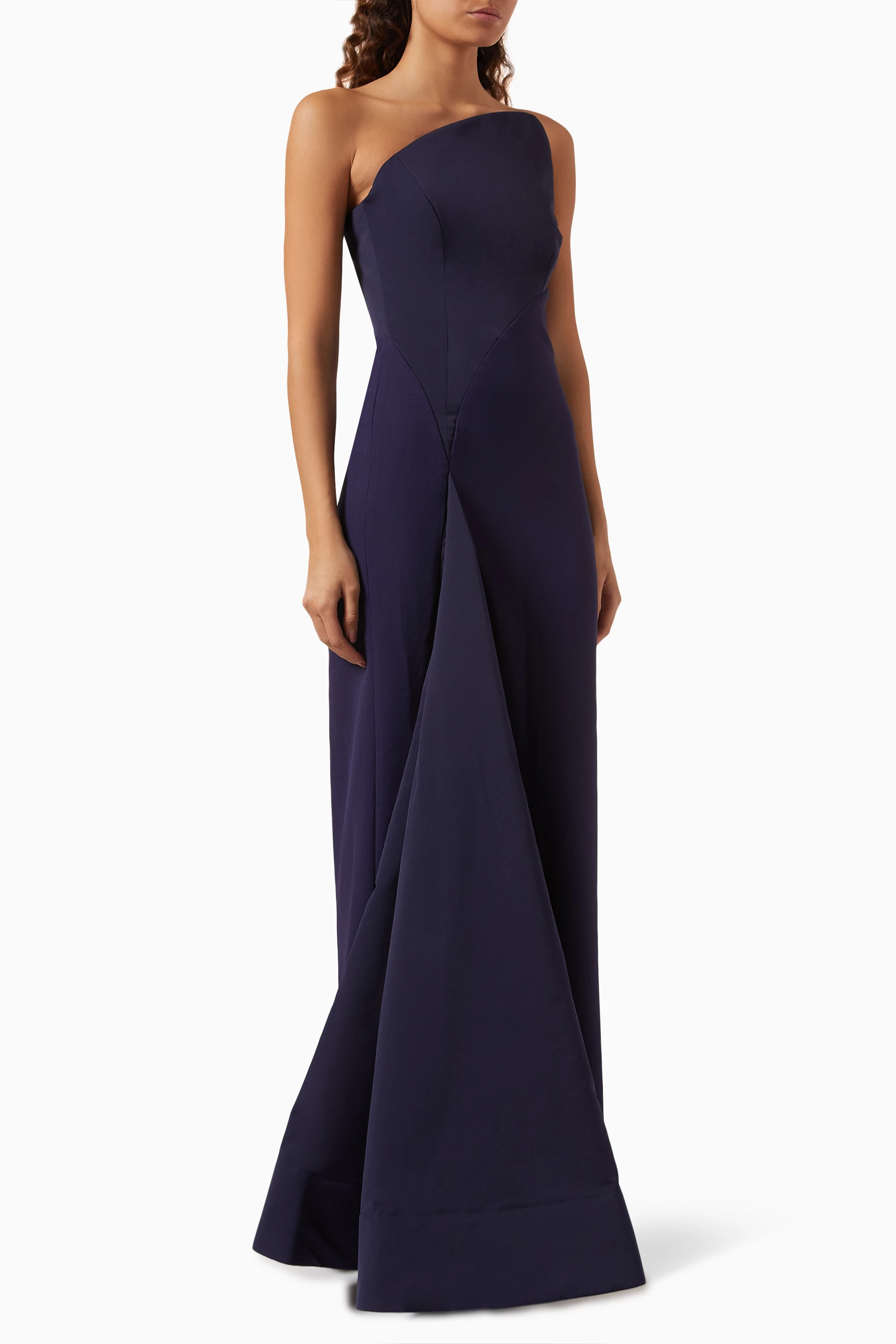 Elegant Navy Blue One Shoulder Form Evening Dress with Pleats SF214