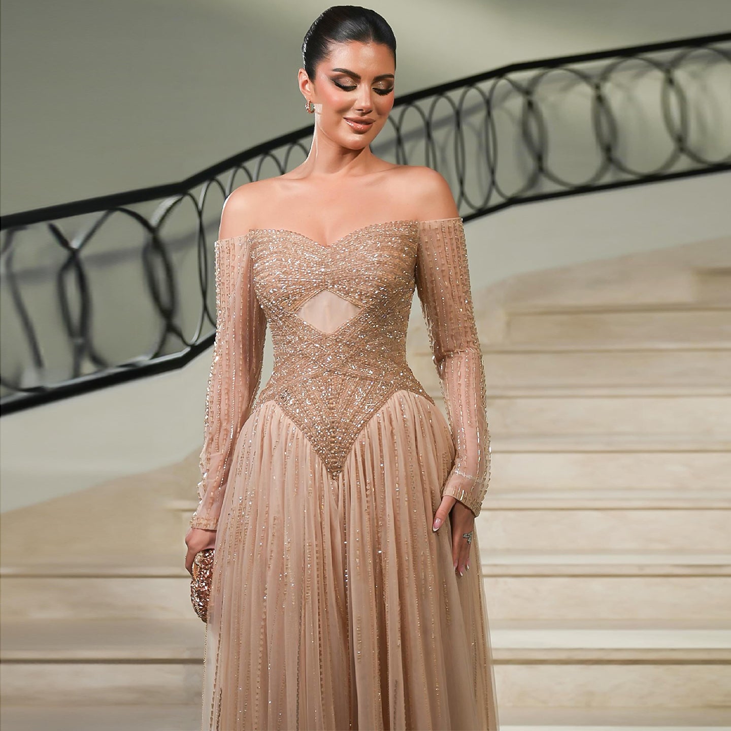 Luxury Champagne Off Shoulder Arabic Evening Dress SS116