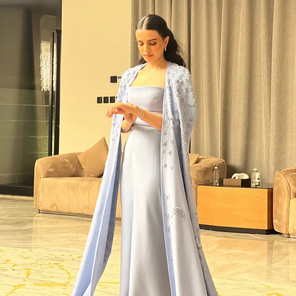 Elegant Beaded Blue Mermaid Evening Dress with Cape Sleeves SS407