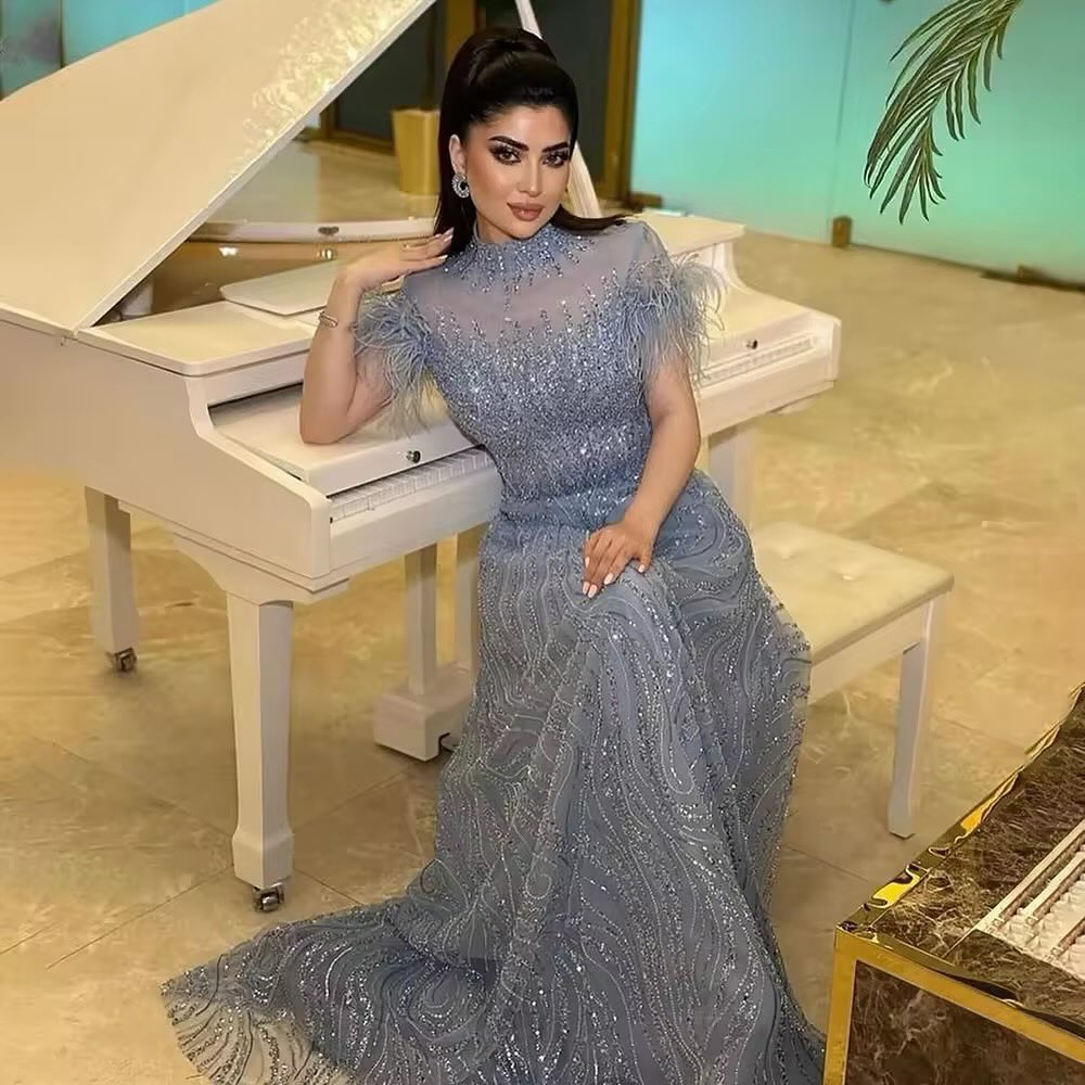 Luxury High Neck Blue Feathers Evening Dress SS660