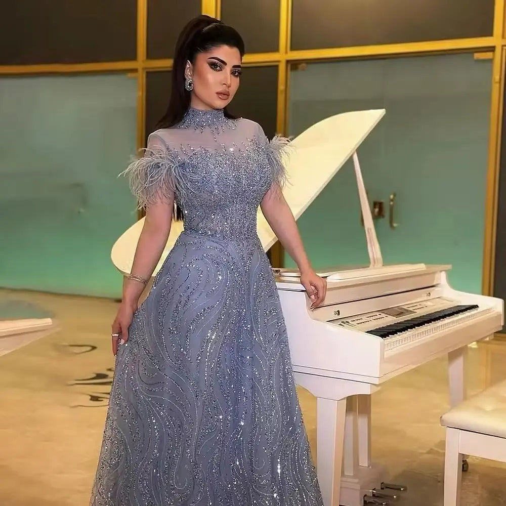 Luxury High Neck Blue Feathers Evening Dress SS660