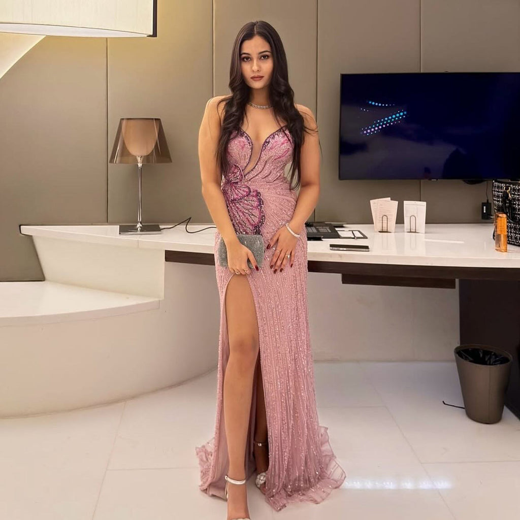 Stunning Beaded Pink Mermaid Evening Dress with Slit SS267