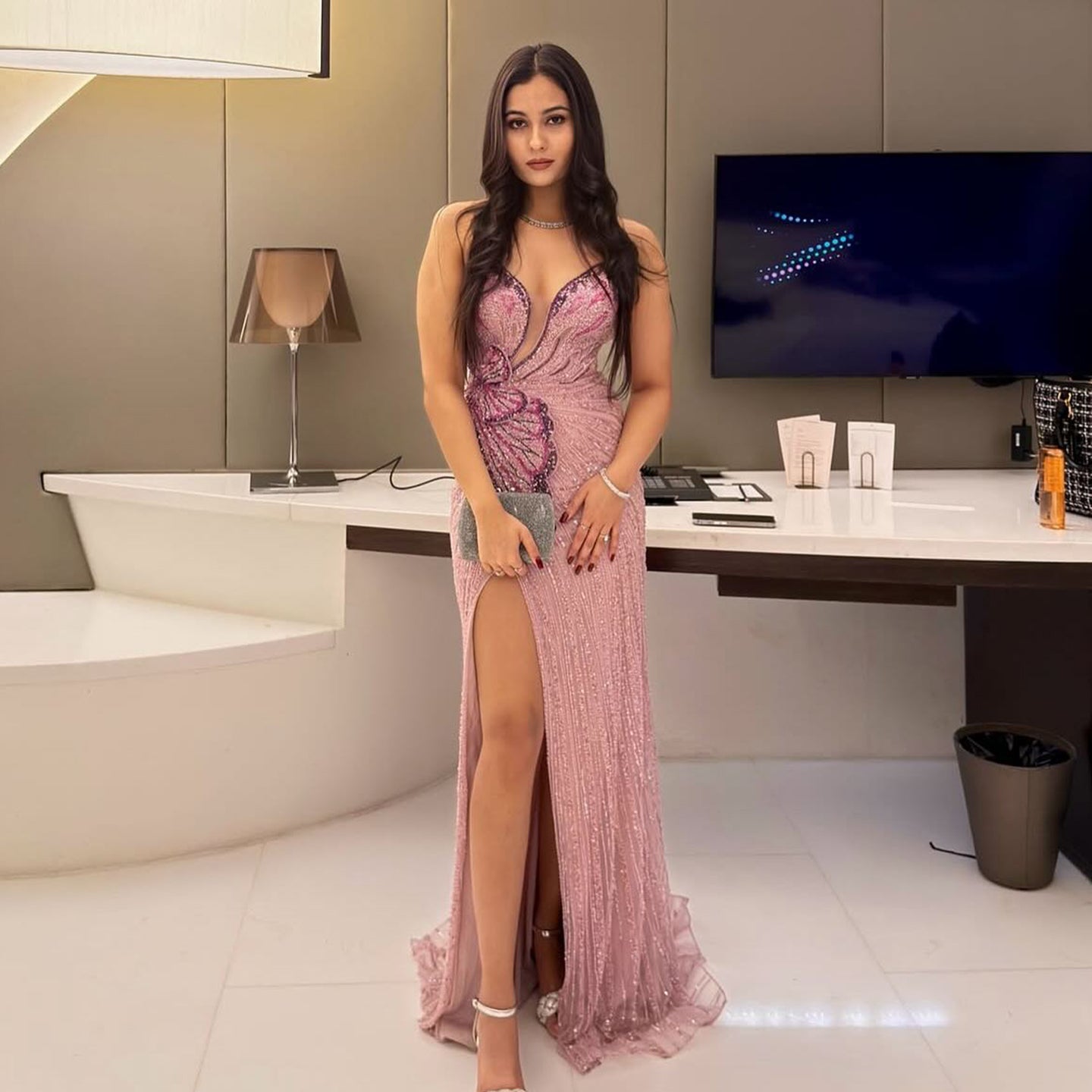 Stunning Beaded Pink Mermaid Evening Dress with Slit SS267