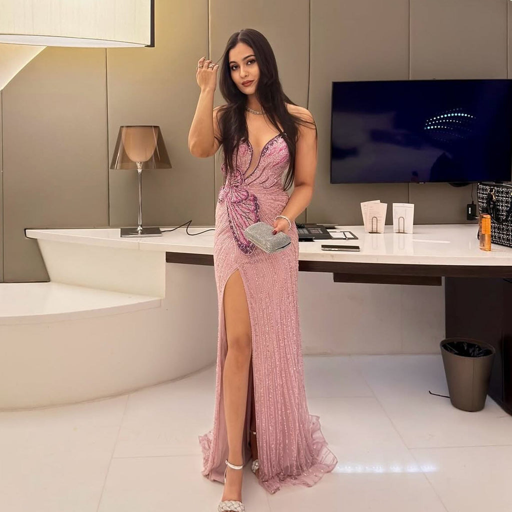Stunning Beaded Pink Mermaid Evening Dress with Slit SS267