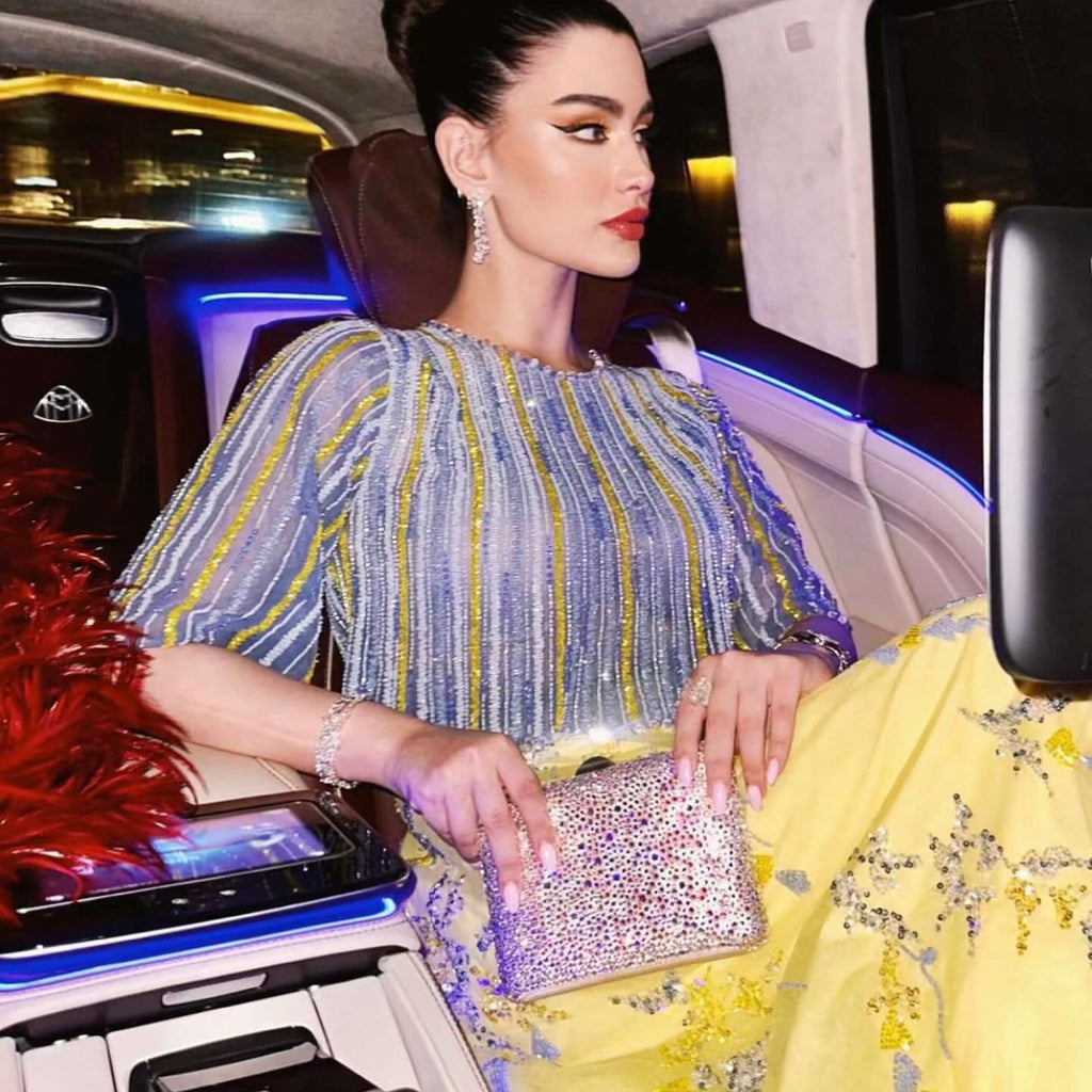 Luxury Blue Yellow 2 Pieces A-Line Half Sleeves Evening Dress SS490
