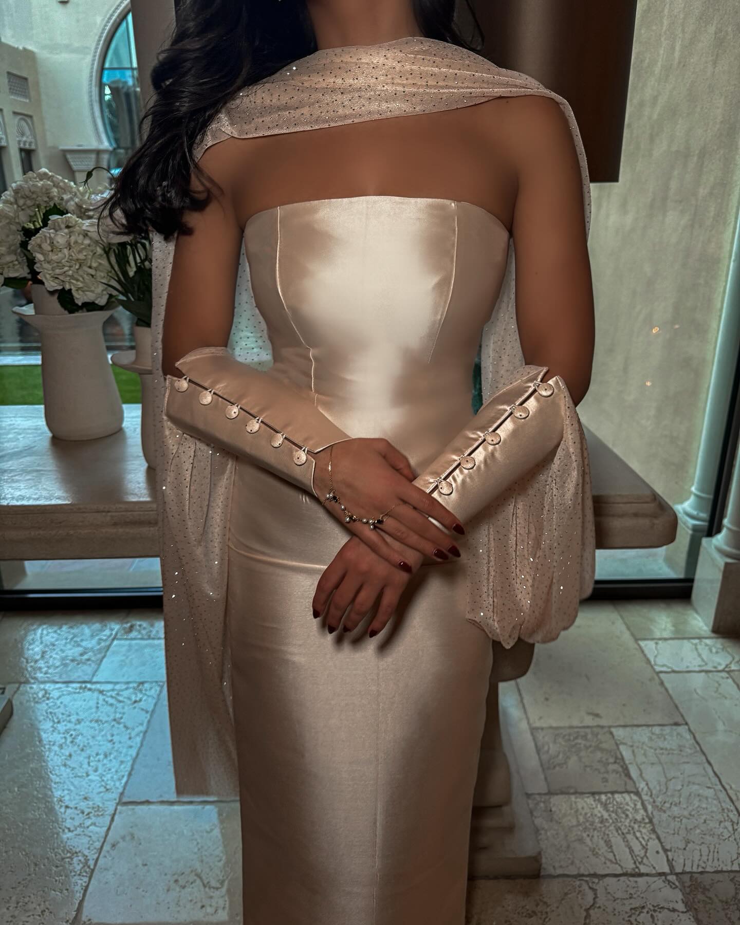 Luxury Beige Strapless Cape Fitted Evening Dress with Scarf SF043