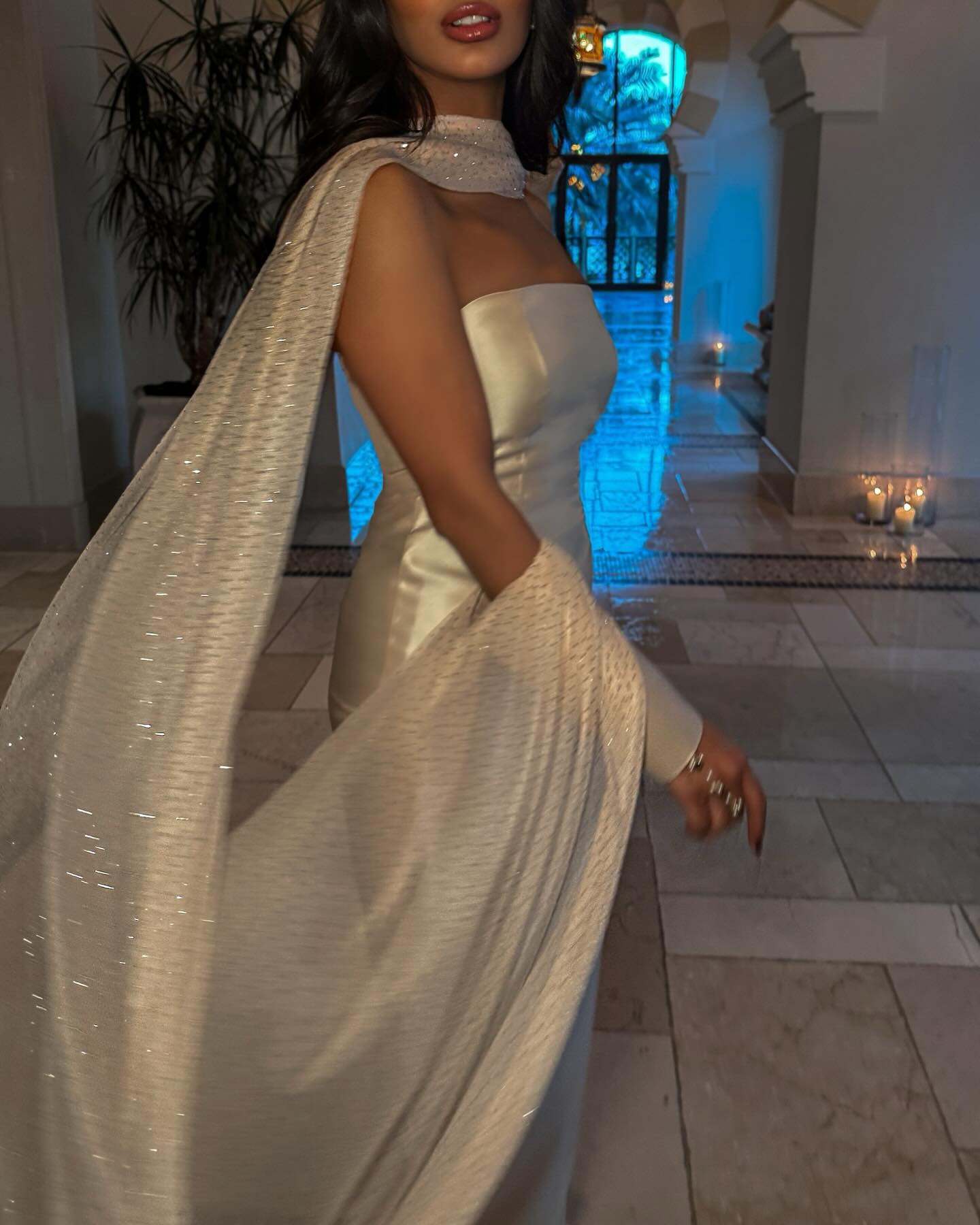Luxury Beige Strapless Cape Fitted Evening Dress with Scarf SF043