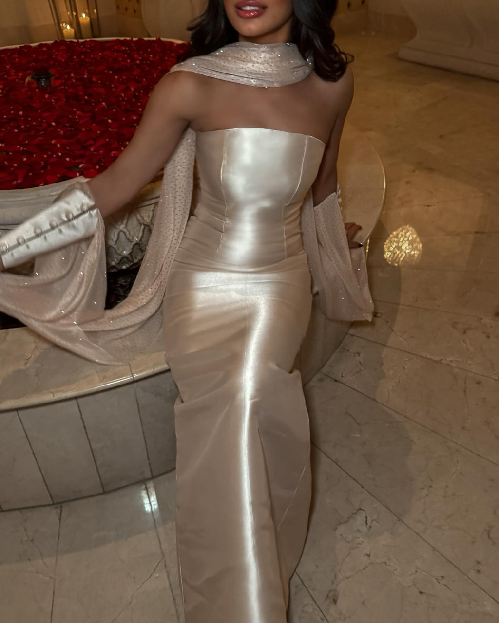 Luxury Beige Strapless Cape Fitted Evening Dress with Scarf SF043