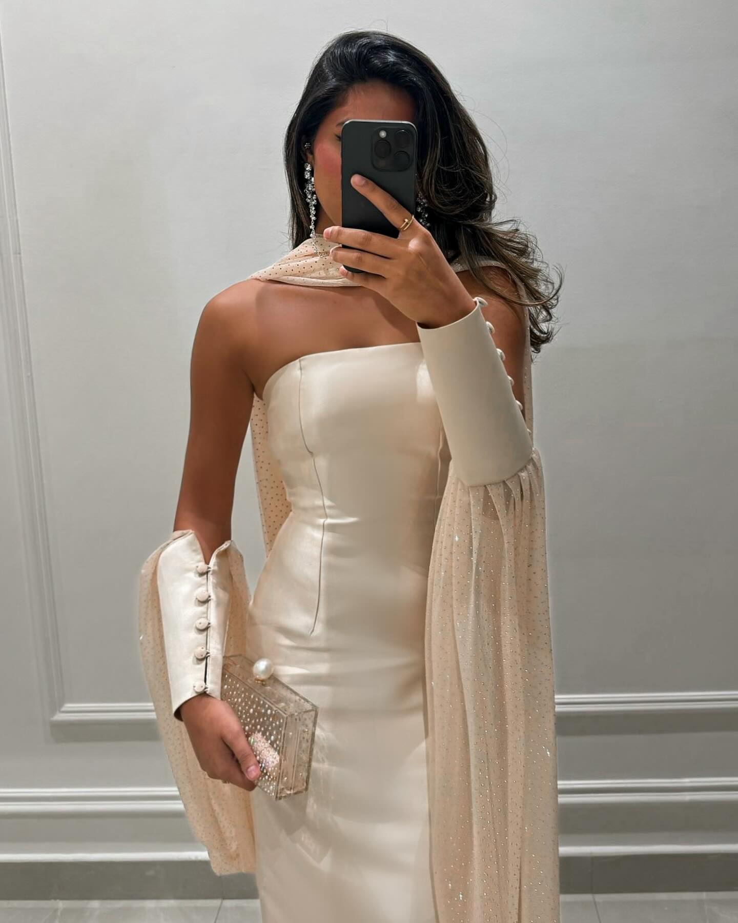 Luxury Beige Strapless Cape Fitted Evening Dress with Scarf SF043