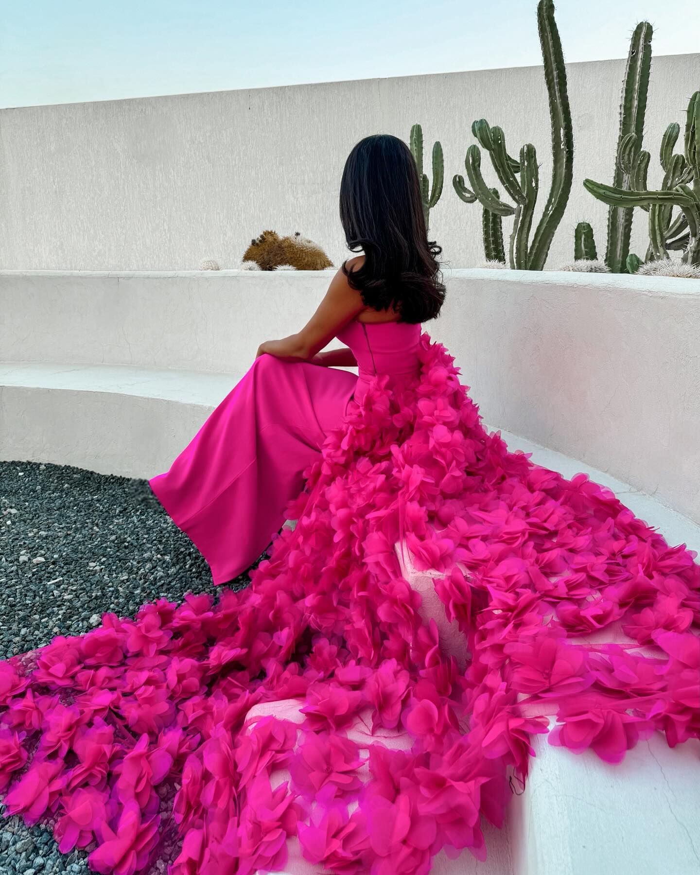 Chic Strapless Fuchsia Evening Dress with 3D Floral Overskirt SF473