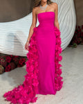 Chic Strapless Fuchsia Evening Dress with 3D Floral Overskirt SF473