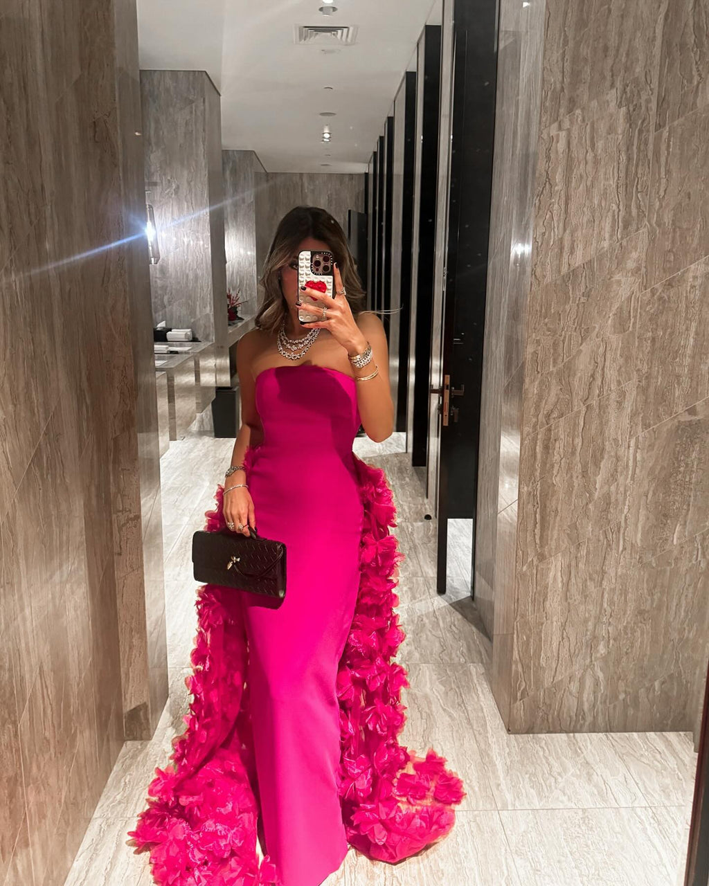 Chic Strapless Fuchsia Evening Dress with 3D Floral Overskirt SF473