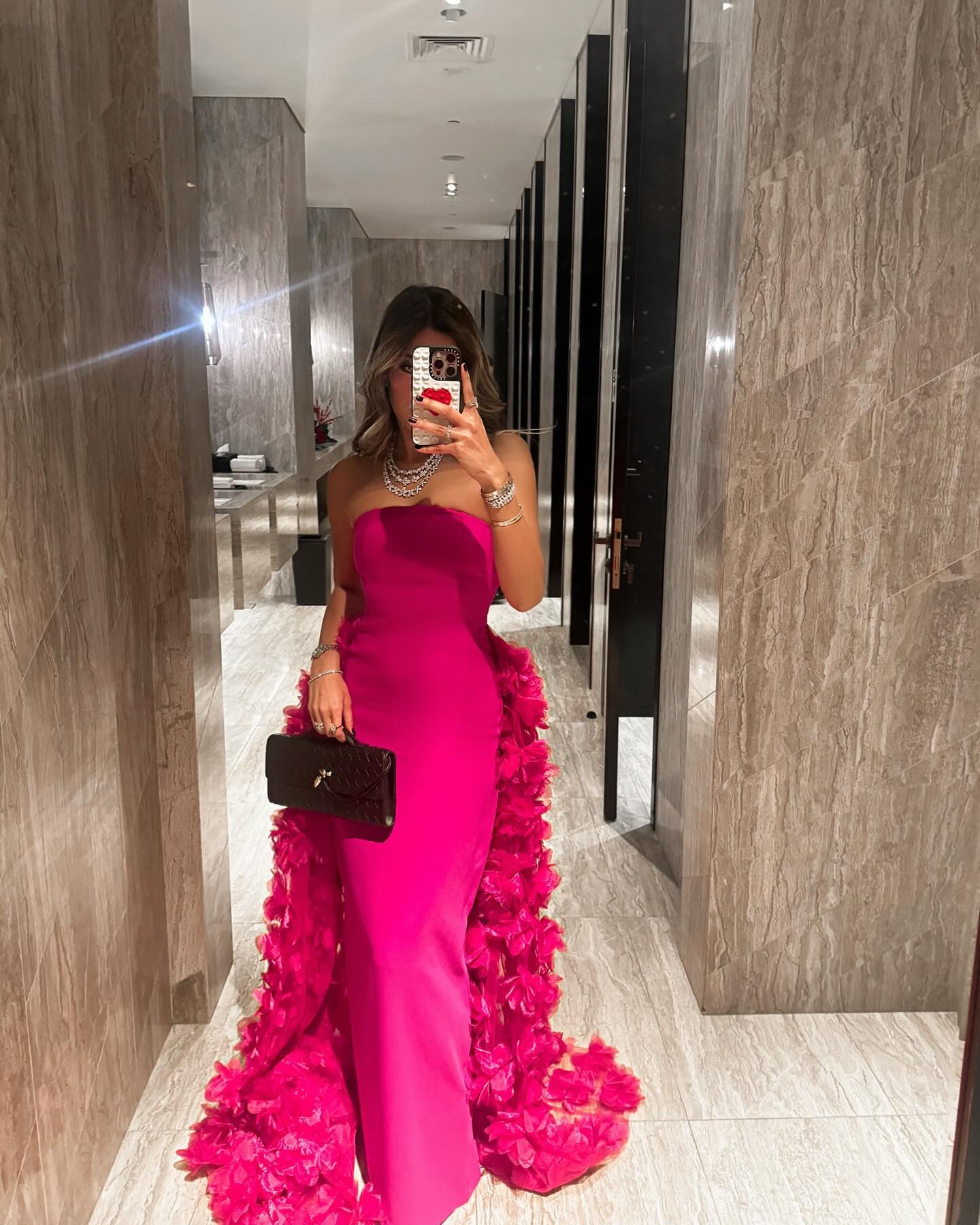 Chic Strapless Fuchsia Evening Dress with 3D Floral Overskirt SF473