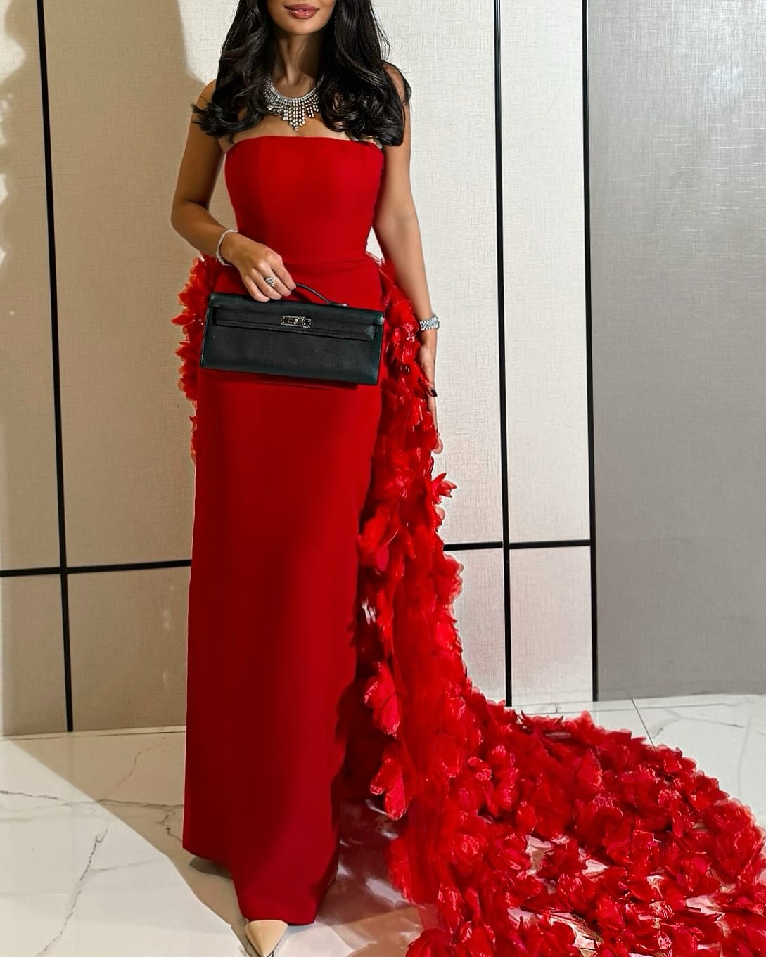 Chic Strapless Fuchsia Evening Dress with 3D Floral Overskirt SF473