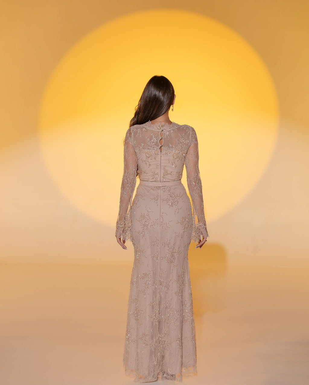 Luxury Nude Pink Lace Beaded Long Sleeve Fitted Evening Dress SF405