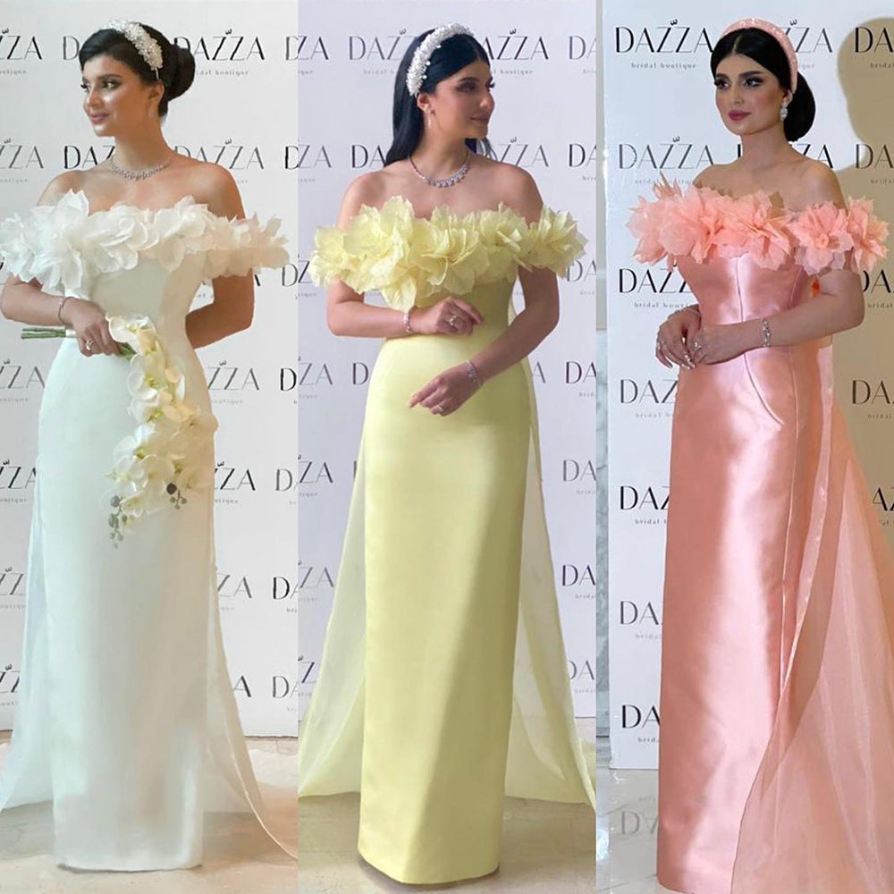 Elegant Light Yellow 3D Flowers Evening Dress with Overskirt SF013