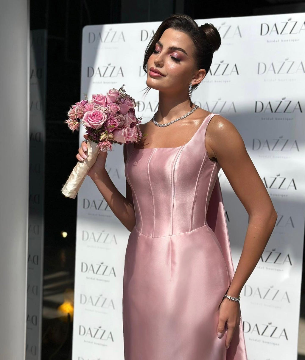 Luxury 3D Floral Pink Straps Evening Dress with Cape SF570