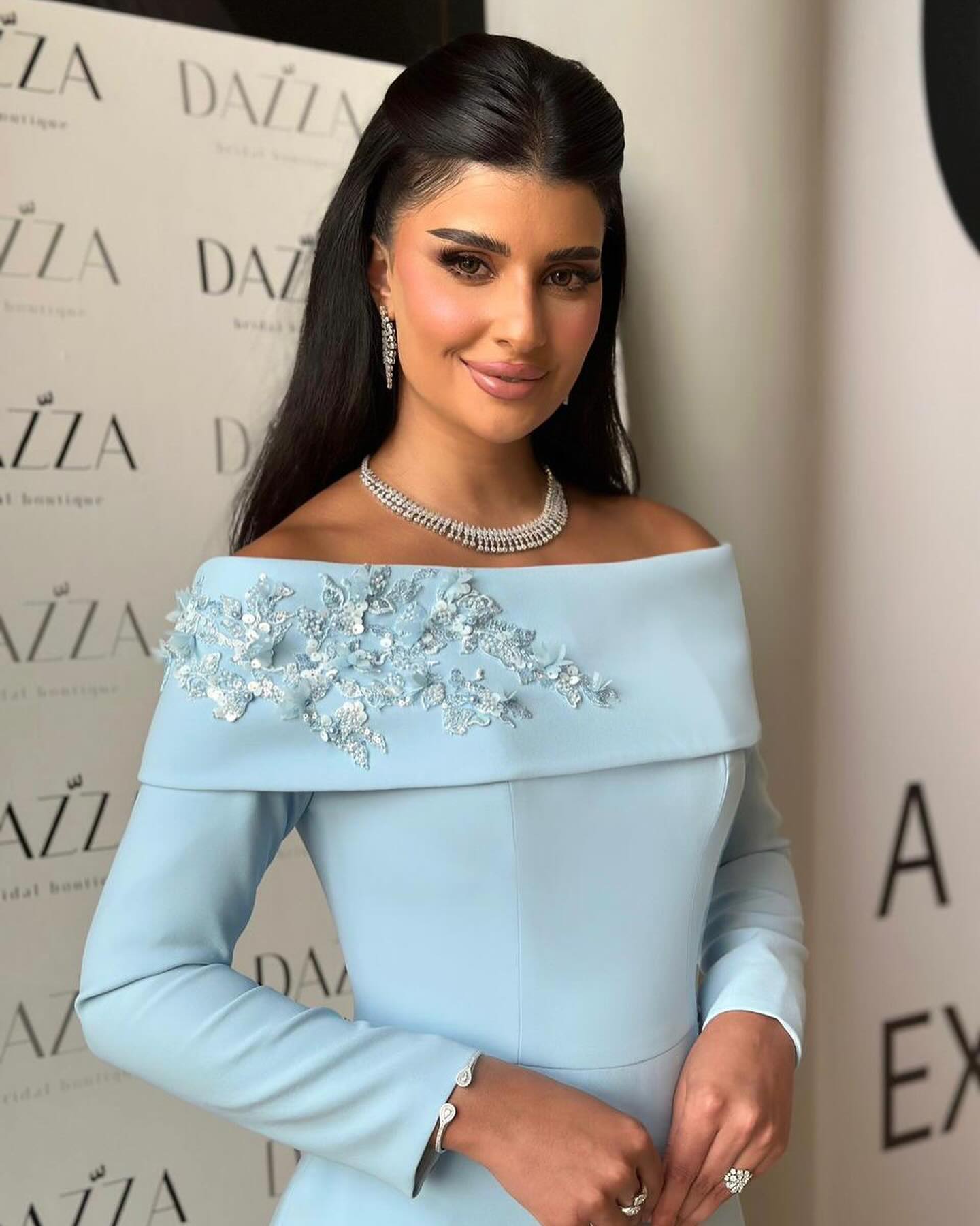 Elegant Pearls Off Shoulder Blue Evening Dress SF404