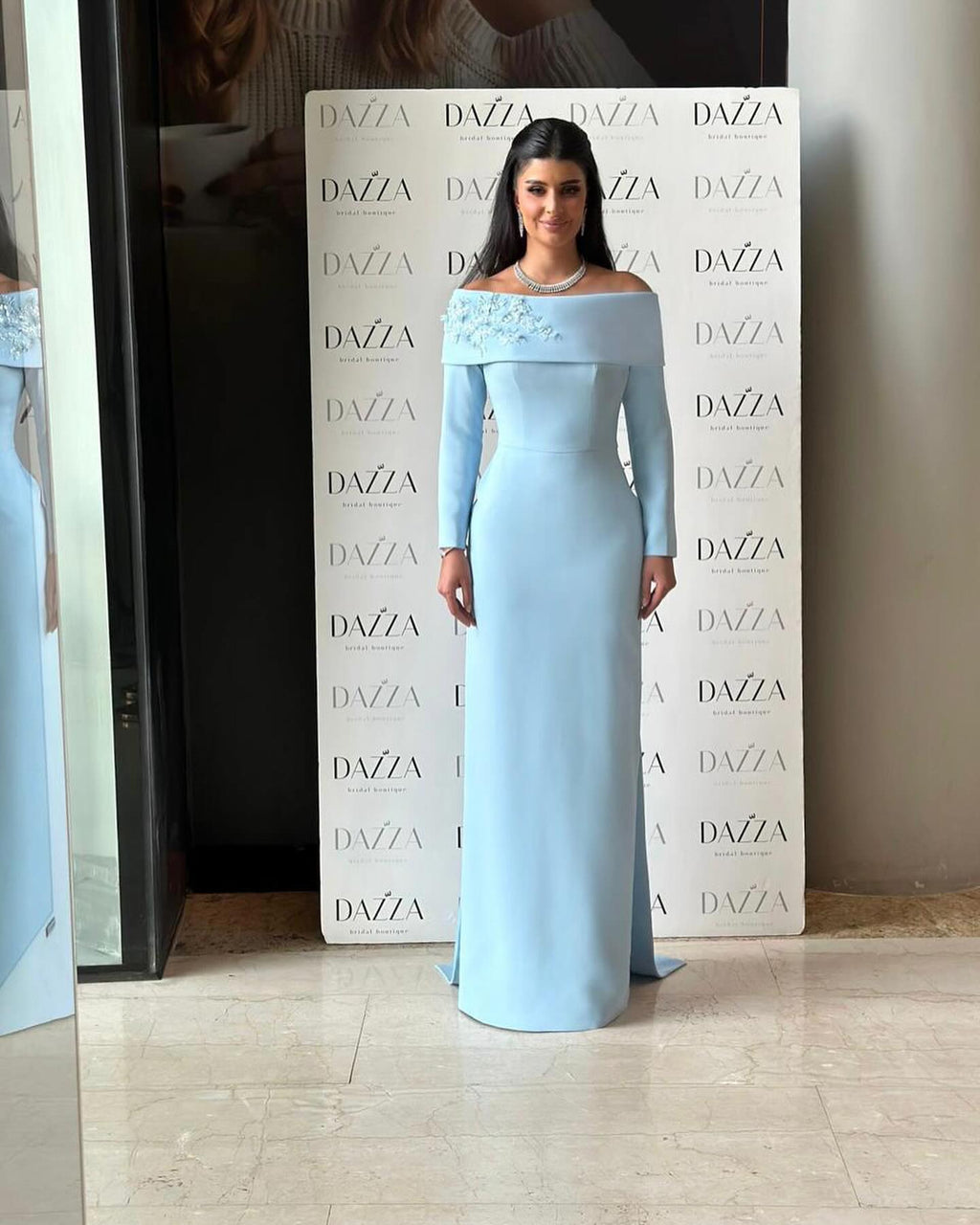 Elegant Pearls Off Shoulder Blue Evening Dress SF404