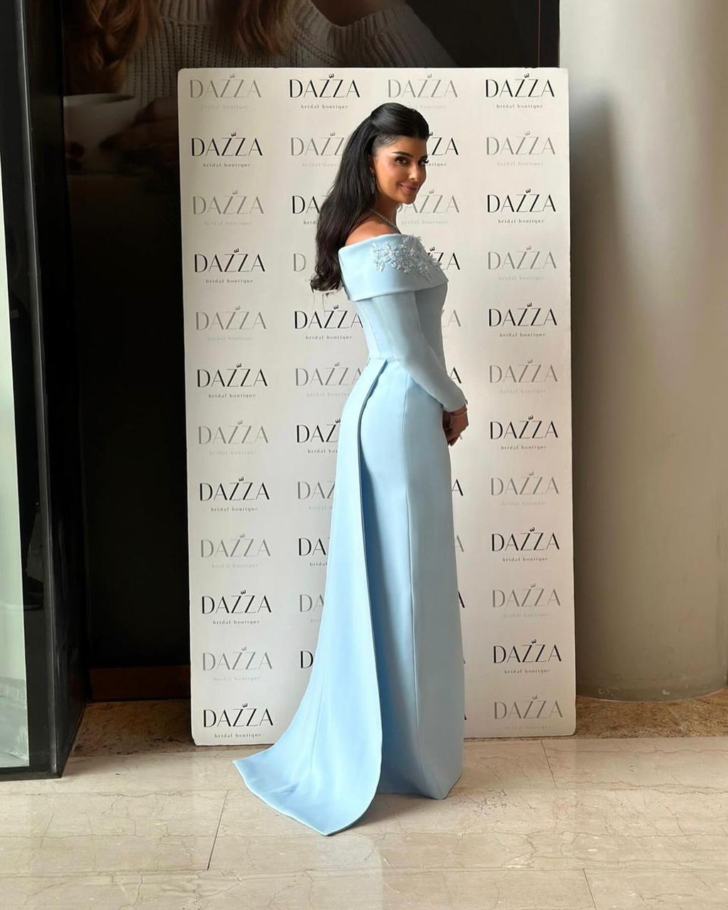Elegant Pearls Off Shoulder Blue Evening Dress SF404