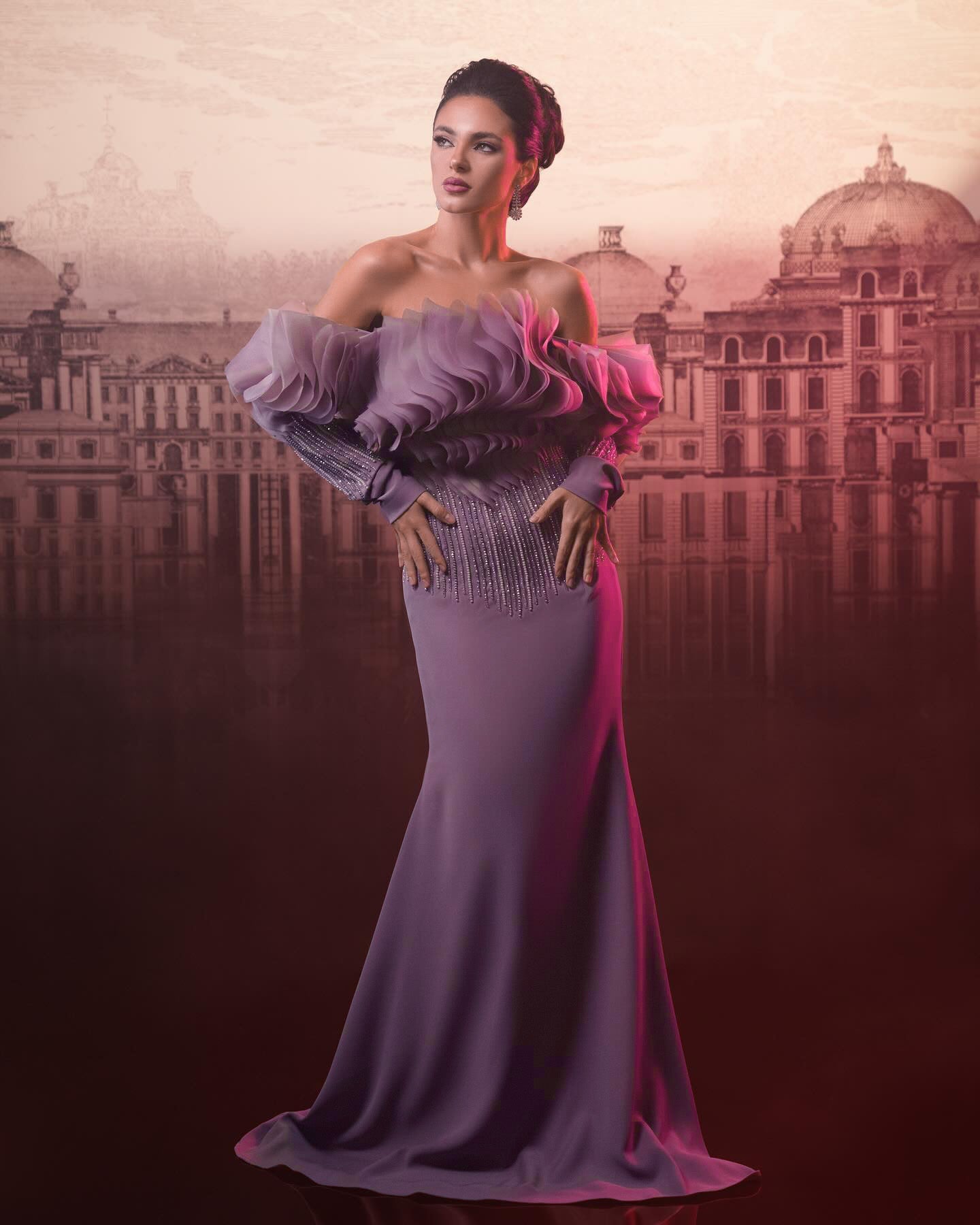 Elegant Beaded Lilac Off Shoulder Evening Dress XD-006